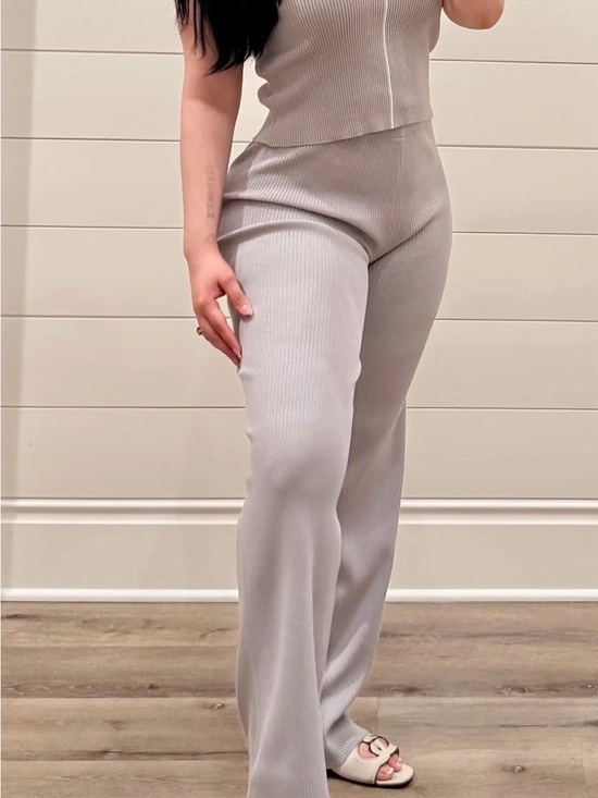 Pants - Women's Ribbed Sleeveless Top and Wide-Leg Pants set in Light Gray